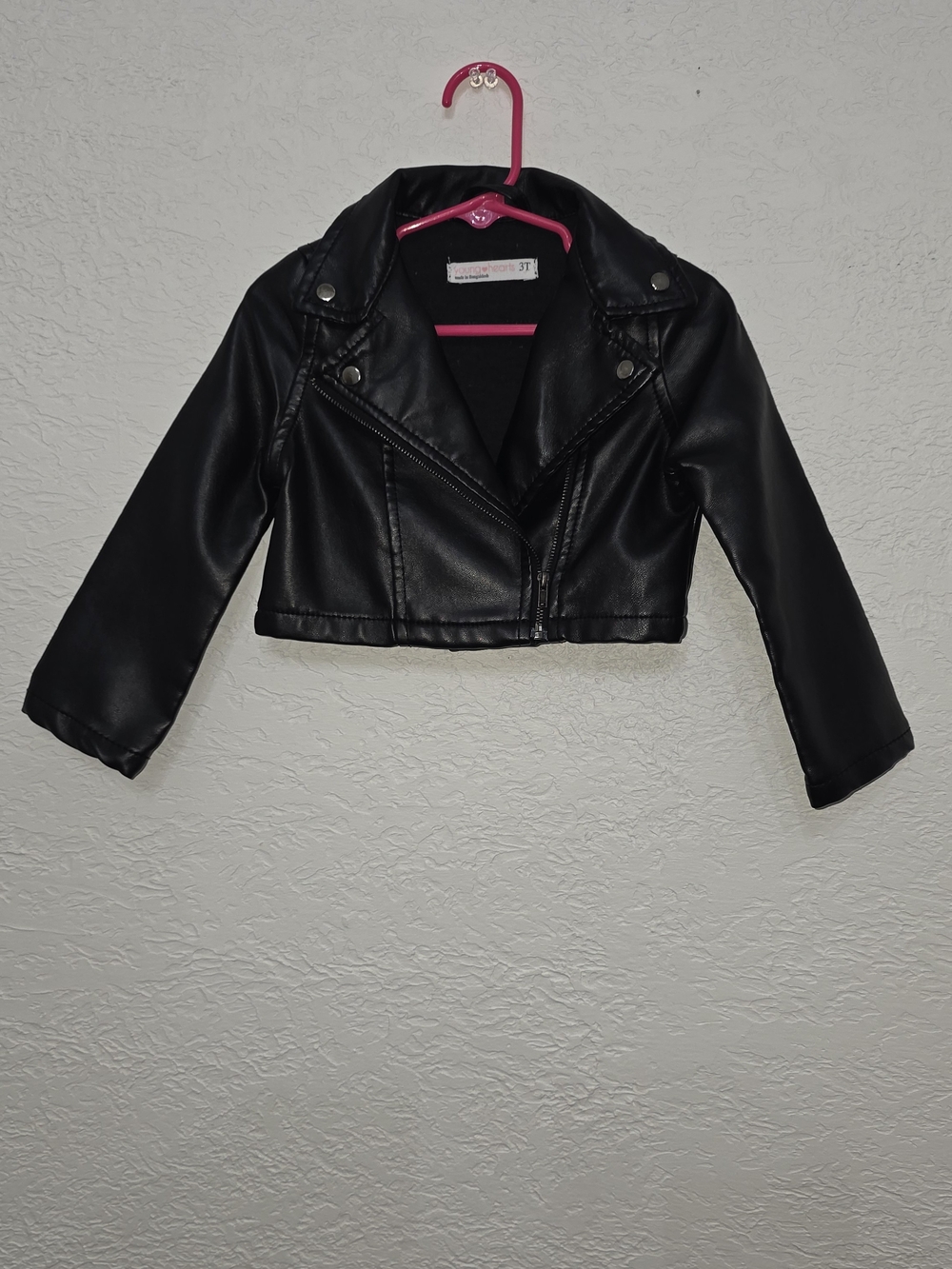 Girls' Black Faux Leather Moto Jacket  Stylish Kids Coat YOUNG HEARTS 3T